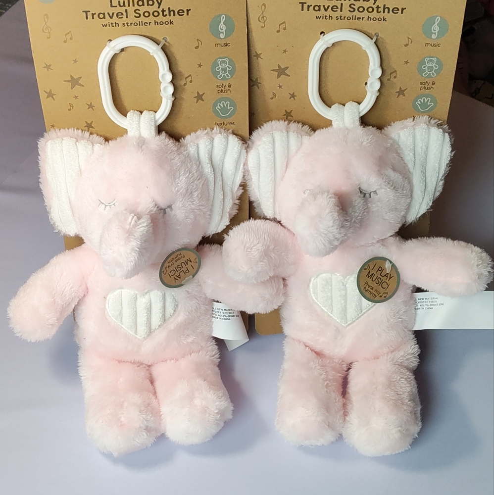 TWO Pink Elephant Musical Plush Toy Lullaby Travel Soother